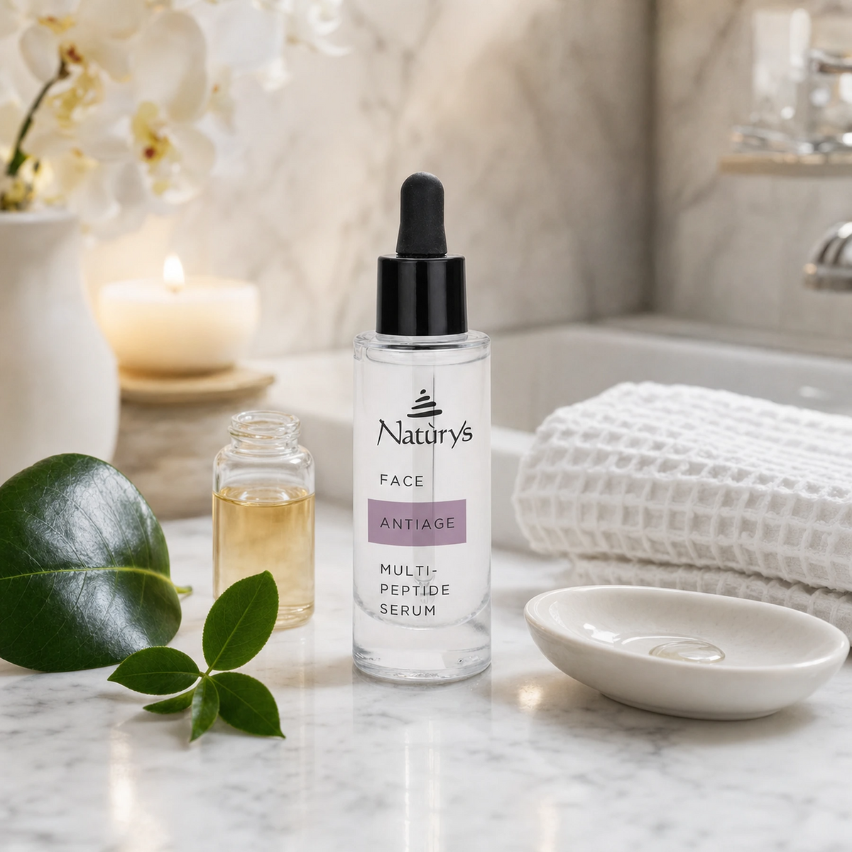 Naturys Anti-Age Multi-Peptide Serum 30ml clear glass dropper bottle on a white Carrara marble vanity with ceramic serum dish, vitamin C vial, fresh camellia leaf and white waffle linen cloth in a luxury candlelit spa bathroom with white orchids