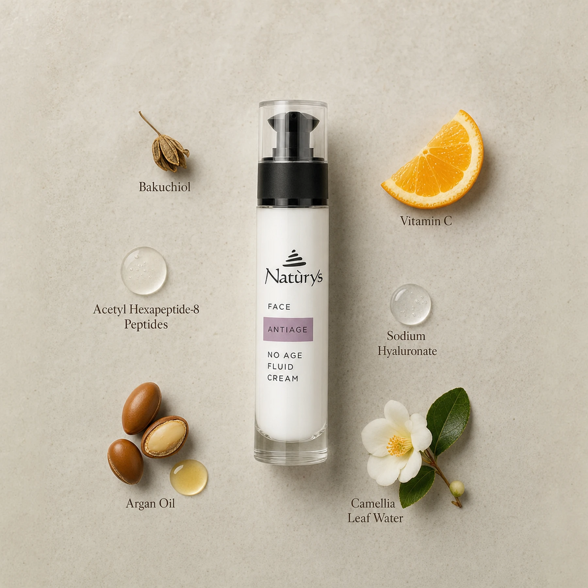 Naturys Anti-Age No Age Fluid Cream 50ml ingredient flatlay on warm cream stone surface with labelled ingredients: Bakuchiol, Vitamin C, Acetyl Hexapeptide-8 Peptides, Sodium Hyaluronate, Argan Oil, and Camellia Leaf Water
