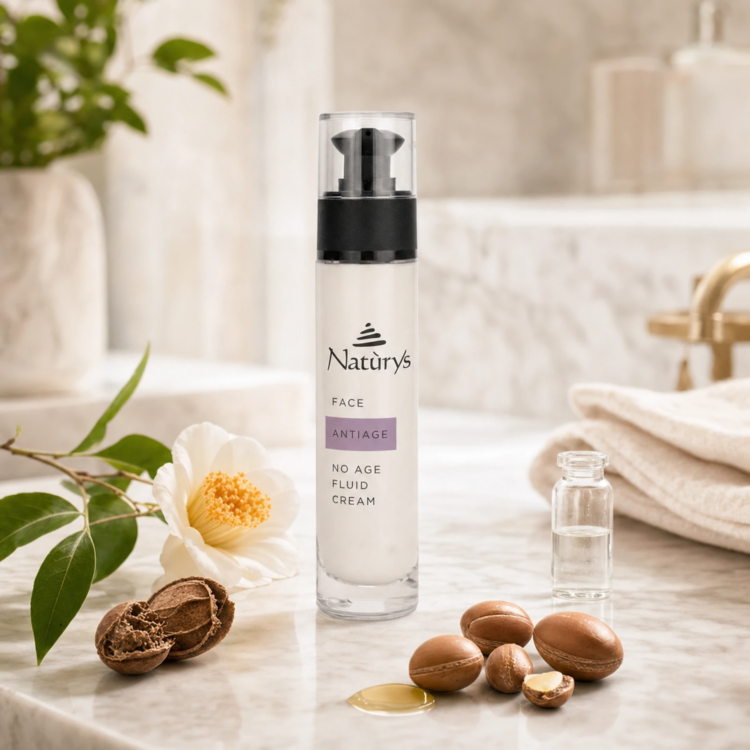 Naturys Anti-Age No Age Fluid Cream 50ml on a white marble spa vanity with a camellia flower, argan nuts with golden oil droplet, a clear serum vial, and a folded white linen cloth in a bright luxury spa bathroom