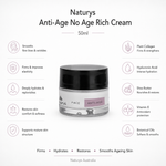 Naturys Anti Age No Age Rich Cream 50g infographic showing key benefits and ingredients for firming hydrating and restoring mature skin