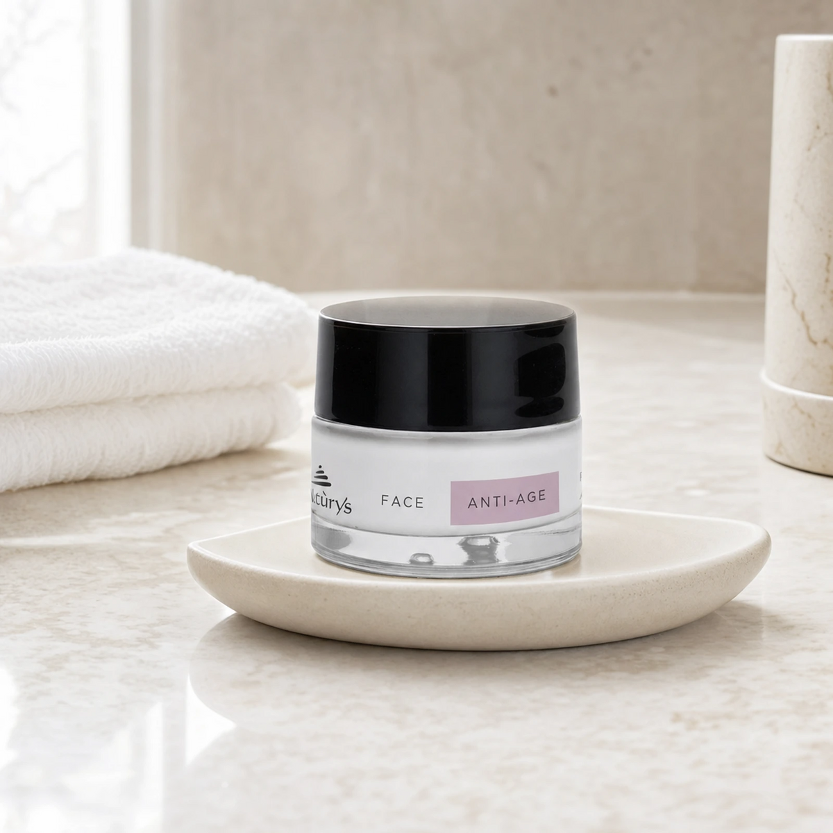 Naturys Anti-Age No Age Rich Cream 50ml displayed in a premium bathroom vanity setting for mature, dry, or dehydrated skin.