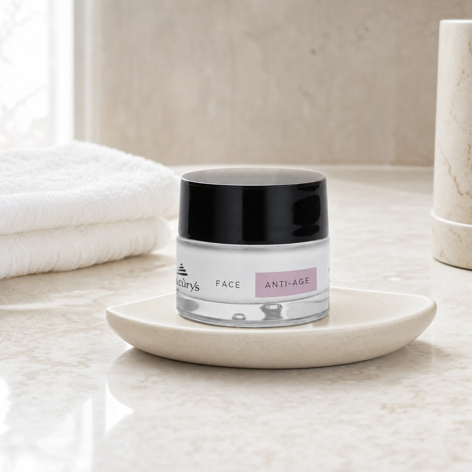 Naturys Anti-Age No Age Rich Cream 50ml displayed in a premium bathroom vanity setting for mature, dry, or dehydrated skin.