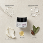 Naturys Anti-Age No Age Rich Cream 50ml ingredient flatlay featuring peptide complex, sodium hyaluronate, shea butter, argan oil, and jojoba oil.