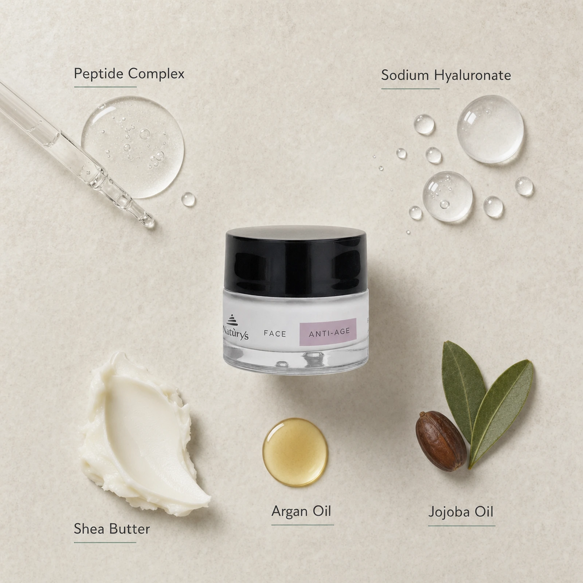 Anti-Age No Age Rich Cream 50ml with ingredients like Peptide Complex, Sodium Hyaluronate, Shea Butter, Argan Oil, and Jojoba Oil on a neutral background.