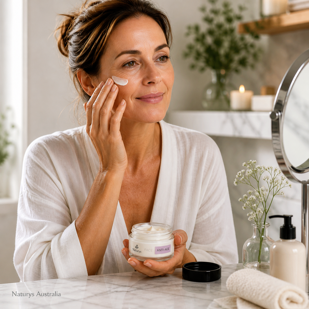 Mature woman applying Naturys Anti-Age No Age Rich Cream in a bright bathroom, showcasing a hydrating anti-aging skincare routine in a home setting
