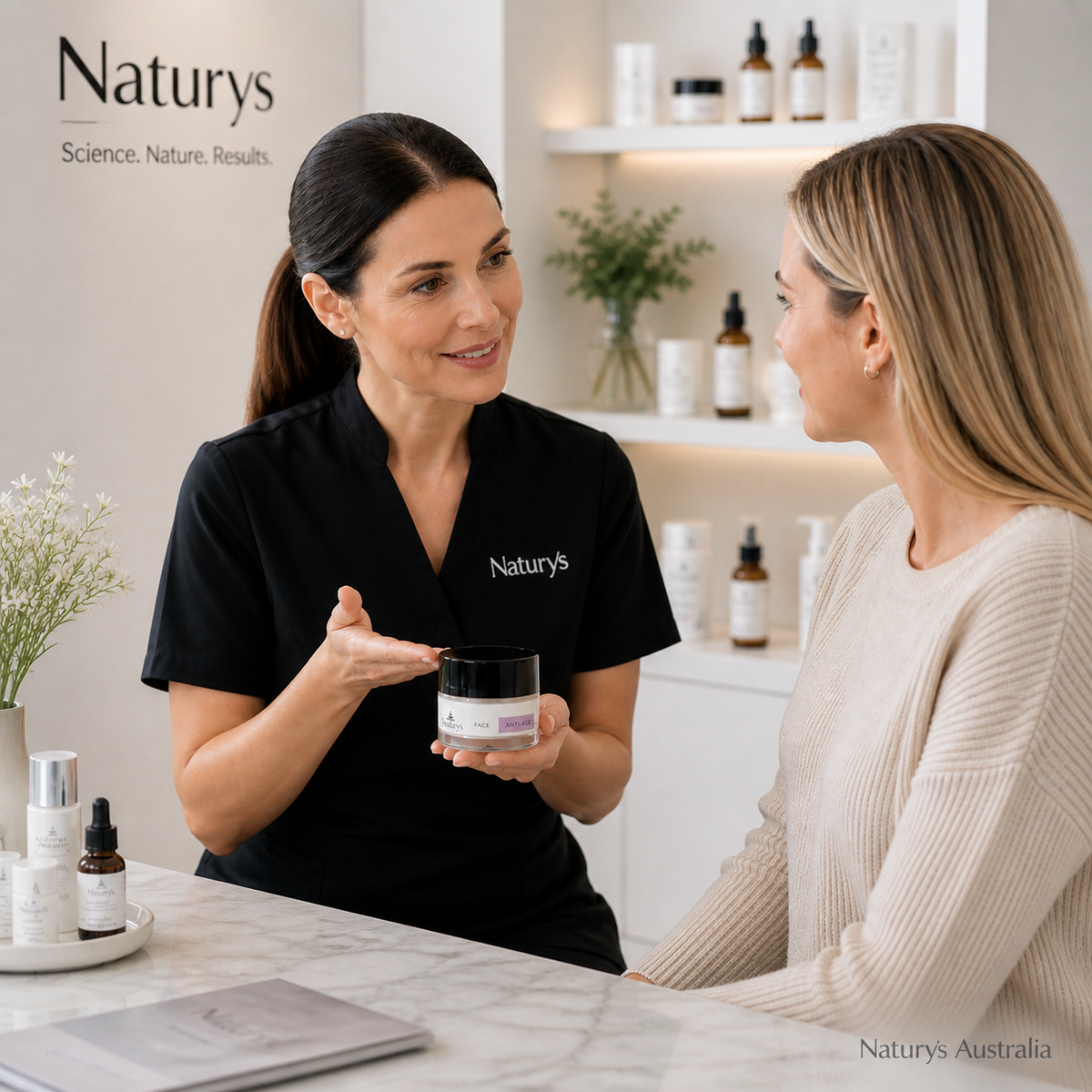 Woman in a black Naturys shirt discussing Anti-Age No Age Rich Cream 50ml with another woman in a salon setting.