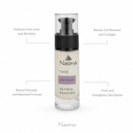 Naturys Anti-Age Retinol Booster 30ml on white background with four benefit callouts: Reduces Fine Lines and Wrinkles, Boosts Cell Renewal and Collagen, Retinyl Palmitate and Bakuchiol Formula, Firms and Strengthens Skin Barrier