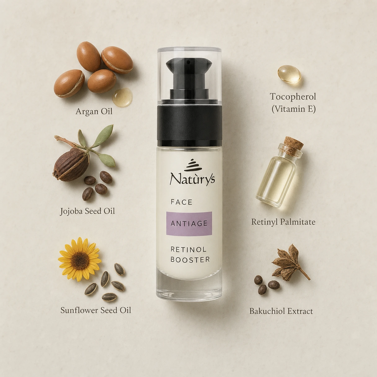 Naturys Anti-Age Retinol Booster 30ml ingredient flatlay on warm cream stone surface with labelled botanicals: Argan Oil, Jojoba Seed Oil, Sunflower Seed Oil, Tocopherol Vitamin E, Retinyl Palmitate, and Bakuchiol Extract
