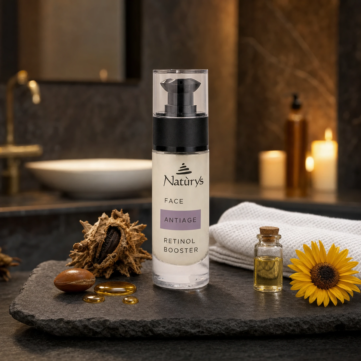 Naturys Anti-Age Retinol Booster 30ml displayed on a dark slate spa tray with argan nuts, golden oil drops, sunflower, and a white waffle cloth in a moody candlelit luxury spa bathroom setting