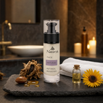 Naturys Anti-Age Retinol Booster 30ml displayed on a dark slate spa tray with argan nuts, golden oil drops, sunflower, and a white waffle cloth in a moody candlelit luxury spa bathroom setting