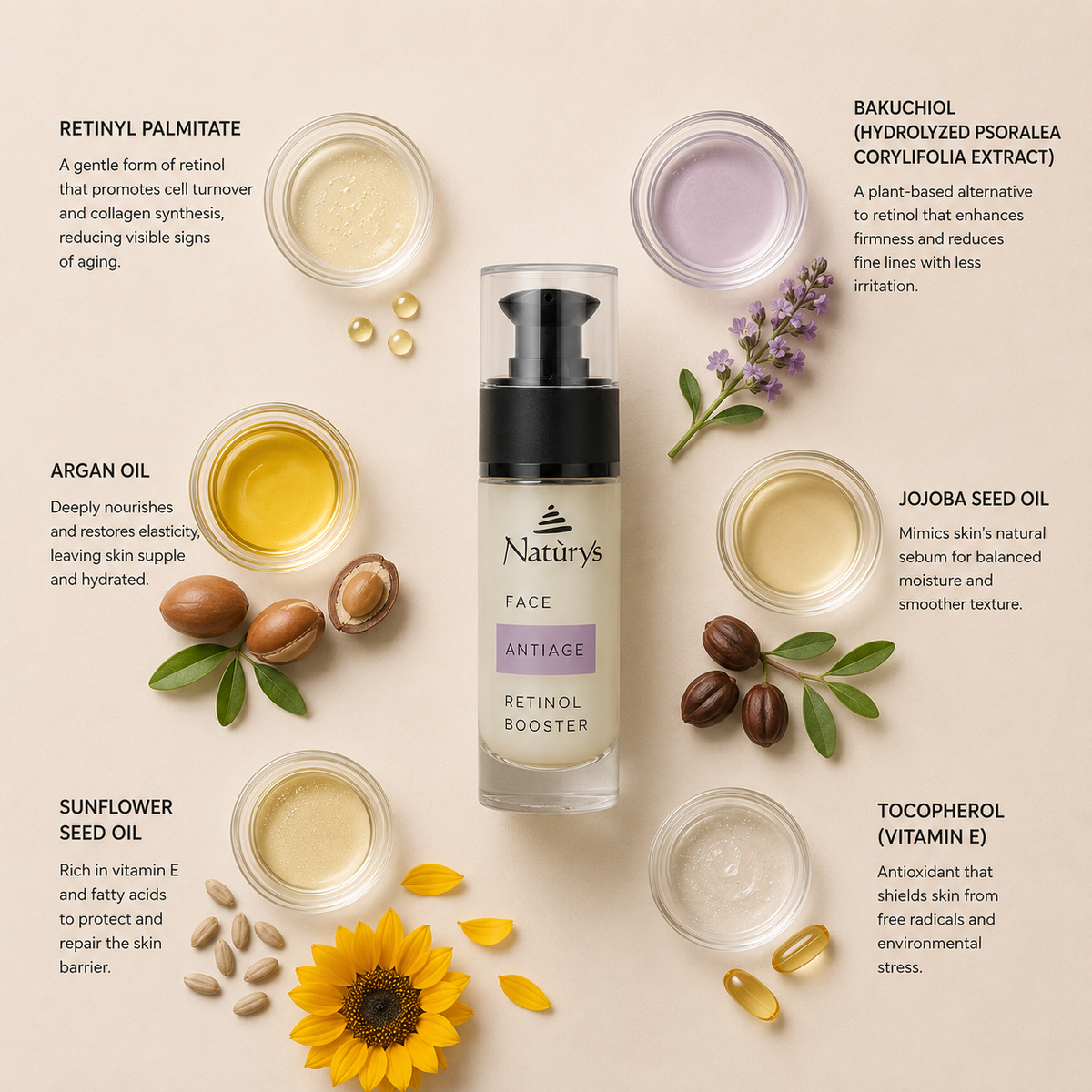 “Minimal NATURYS Anti Age Retinol Booster ingredient flatlay featuring retinyl palmitate, bakuchiol (hydrolyzed psoralea corylifolia extract), argan oil, jojoba seed oil, sunflower seed oil, and tocopherol (vitamin E) arranged elegantly around the product with refined botanical spa styling on a soft neutral background