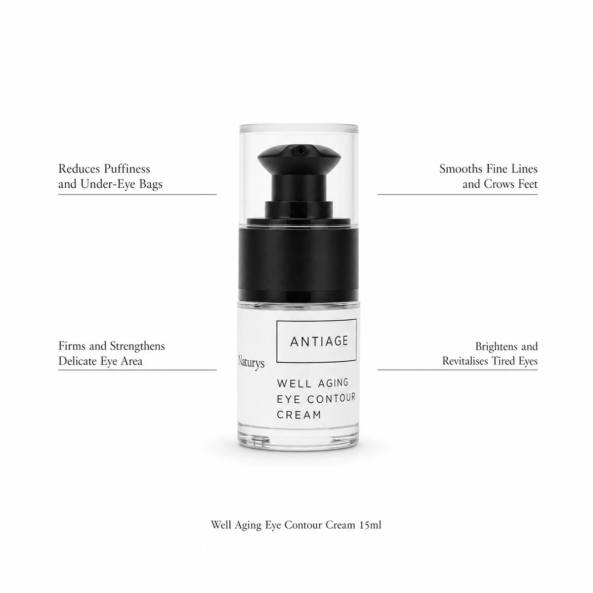 Naturys Anti-Age Well Aging Eye Contour Cream 15ml on white background with benefit callouts: Reduces Puffiness and Under-Eye Bags, Firms and Strengthens Delicate Eye Area, Smooths Fine Lines and Crows Feet, Brightens and Revitalises Tired Eyes