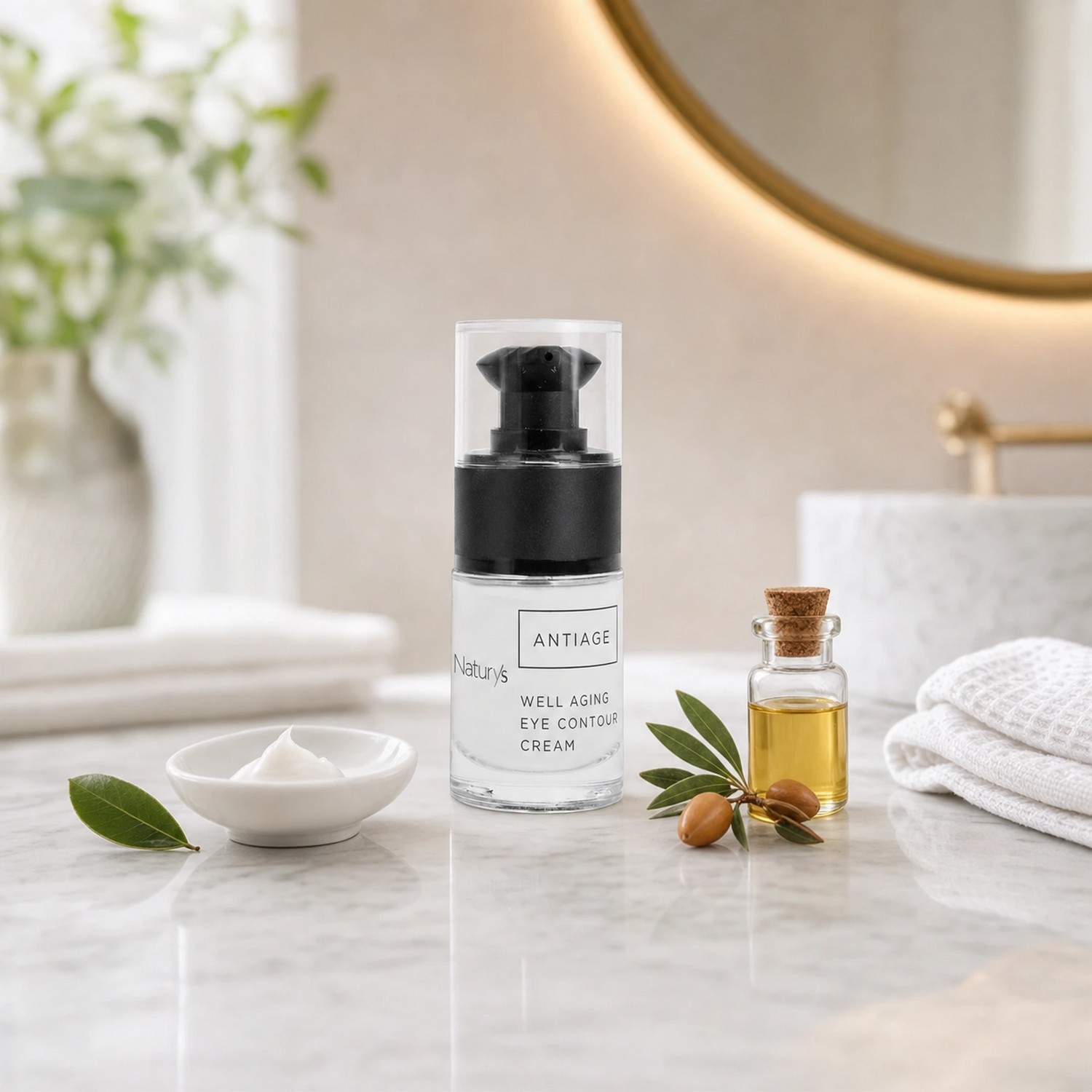 Naturys Anti-Age Well Aging Eye Contour Cream 15ml clear glass airless pump bottle on a white marble vanity with a white ceramic cream dish, argan branch with nuts, golden argan oil vial and white waffle linen cloth in a luxury spa bathroom setting
