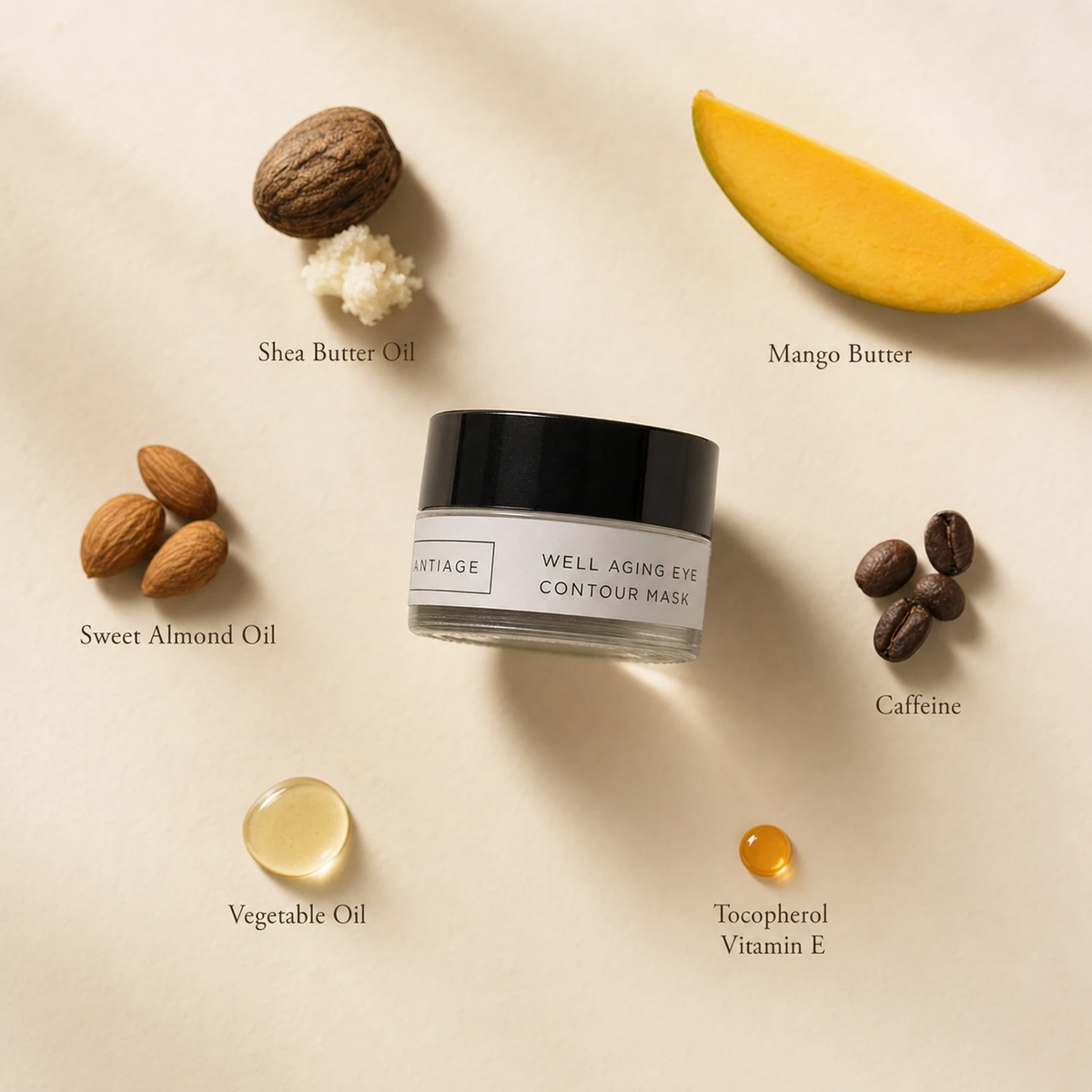 Naturys Anti-Age Well Aging Eye Contour Mask 30ml ingredient flatlay on warm cream beige surface with labelled ingredients: Shea Butter Oil, Mango Butter, Sweet Almond Oil, Caffeine, Vegetable Oil, and Tocopherol Vitamin E