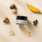 Naturys Anti-Age Well Aging Eye Contour Mask 30ml ingredient flatlay on warm cream beige surface with labelled ingredients: Shea Butter Oil, Mango Butter, Sweet Almond Oil, Caffeine, Vegetable Oil, and Tocopherol Vitamin E