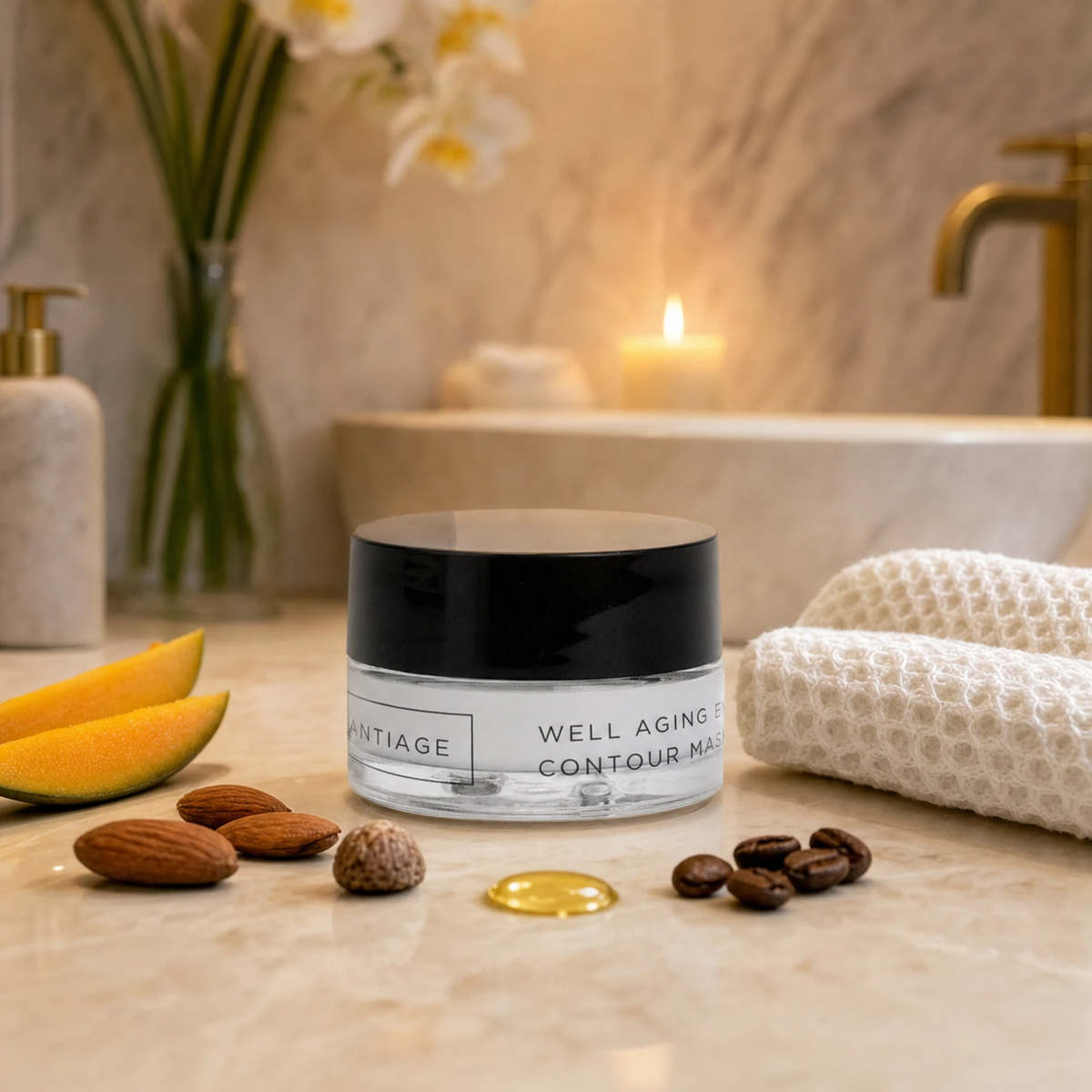 Naturys Anti-Age Well Aging Eye Contour Mask 30ml on a warm cream marble spa vanity with mango slices, sweet almonds, shea nut, arabica coffee beans, a golden vitamin E oil droplet, and a folded white waffle cloth in a candlelit luxury spa bathroom