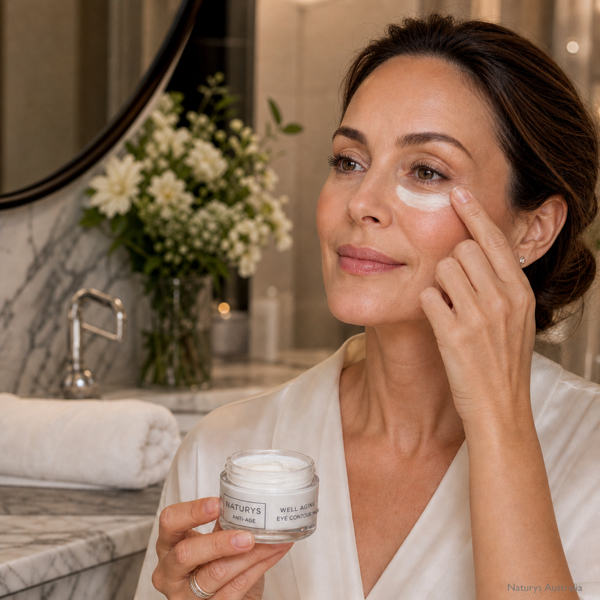 Woman applying Naturys Anti-Age Well Aging Eye Contour Mask under the eye in a luxurious bathroom, holding the jar during an evening skincare routine