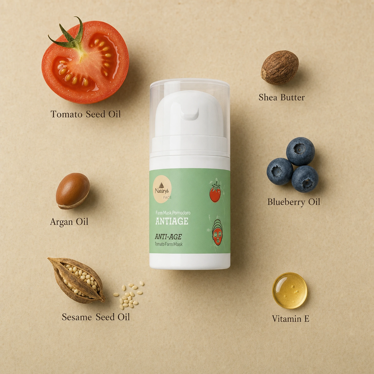 Naturys Anti-Ageing Tomato Farm Mask 50ml ingredient flatlay on warm terracotta-cream surface with labelled ingredients: Tomato Seed Oil, Shea Butter, Blueberry Oil, Argan Oil, Sesame Seed Oil, and Vitamin E