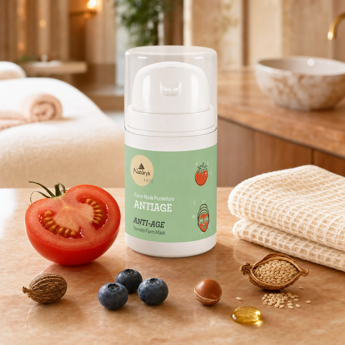 Naturys Anti-Ageing Tomato Farm Mask 50ml on a warm terracotta marble spa surface with a halved ripe red tomato, shea nut, fresh blueberries, argan nut, sesame seed pod, a golden vitamin E oil droplet, and a folded white waffle spa cloth in a warm candlelit luxury spa treatment room
