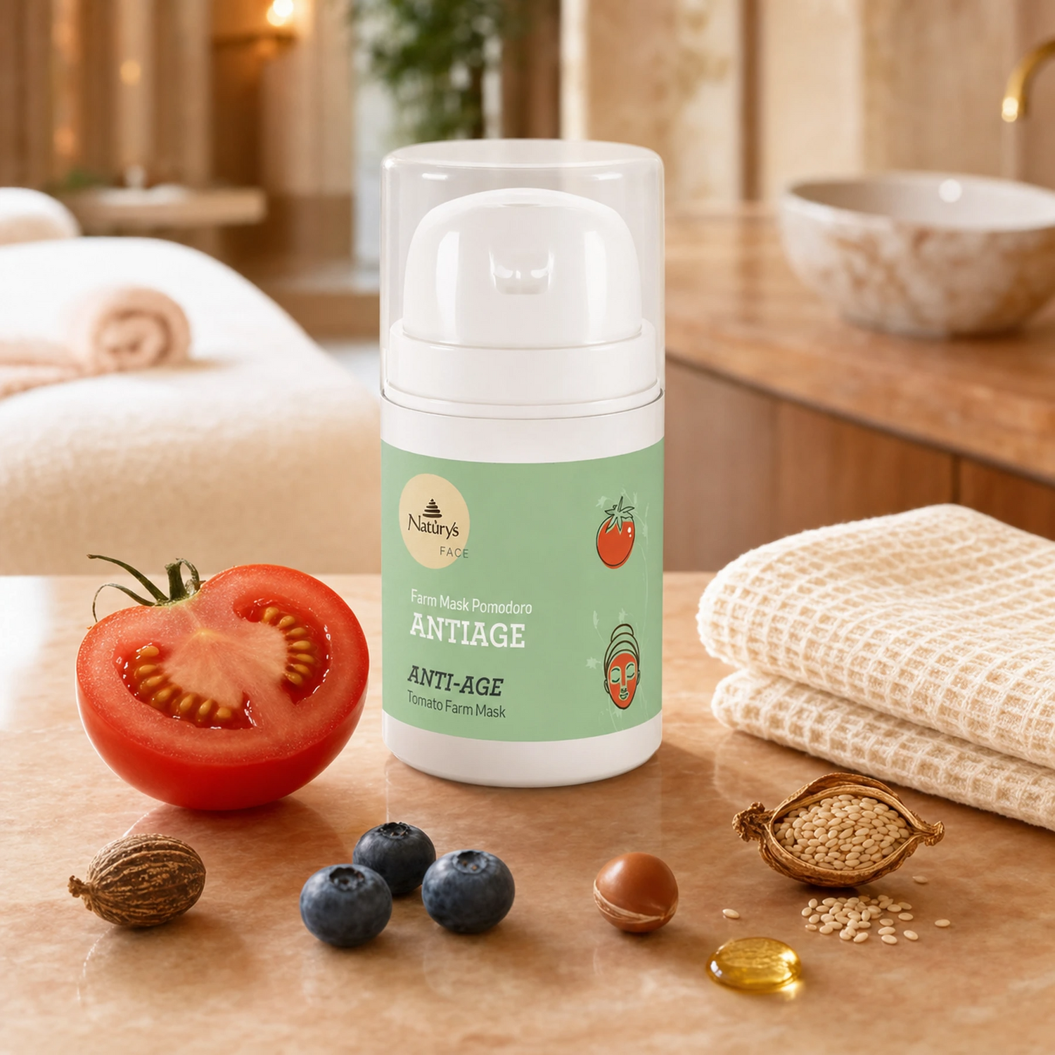 Naturys Anti-Ageing Tomato Farm Mask 50ml on a warm terracotta marble spa surface with a halved ripe red tomato, shea nut, fresh blueberries, argan nut, sesame seed pod, a golden vitamin E oil droplet, and a folded white waffle spa cloth in a warm candlelit luxury spa treatment room