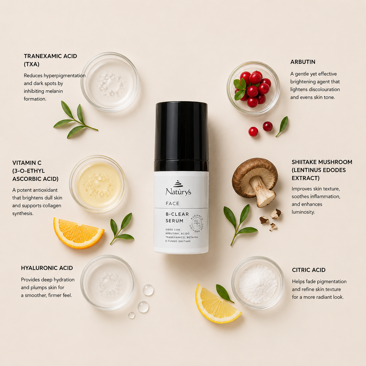 “Minimal NATURYS B-Clear Serum ingredient flatlay featuring tranexamic acid (TXA), arbutin, vitamin C (3-O-ethyl ascorbic acid), shiitake mushroom extract, hyaluronic acid, and citric acid arranged elegantly around the product with refined botanical spa styling on a soft neutral background