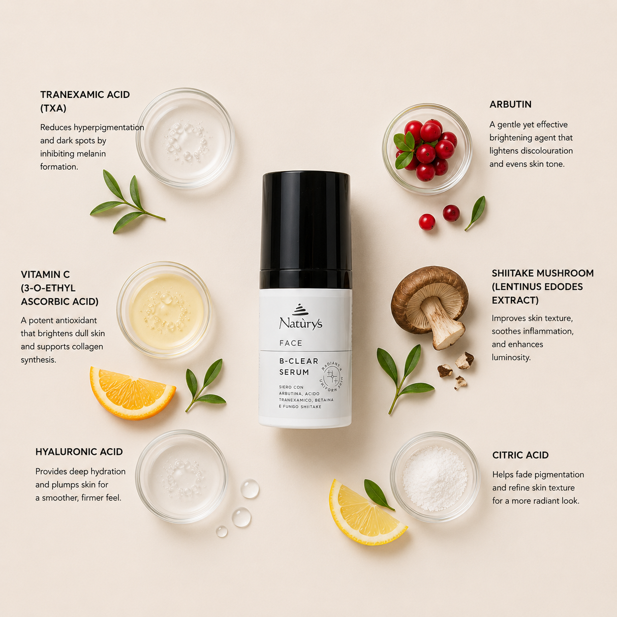 “Minimal NATURYS B-Clear Serum ingredient flatlay featuring tranexamic acid (TXA), arbutin, vitamin C (3-O-ethyl ascorbic acid), shiitake mushroom extract, hyaluronic acid, and citric acid arranged elegantly around the product with refined botanical spa styling on a soft neutral background