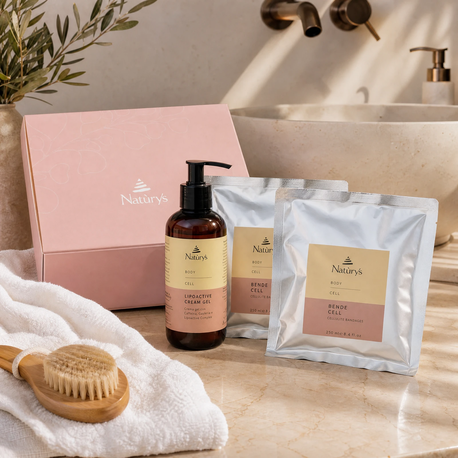 Naturys Body Box Cell anti-cellulite kit featuring pink box, amber pump bottle, and silver bandage sachets styled on a marble vanity with white towels and a dry body brush for Beauty Collective consumer retail.
