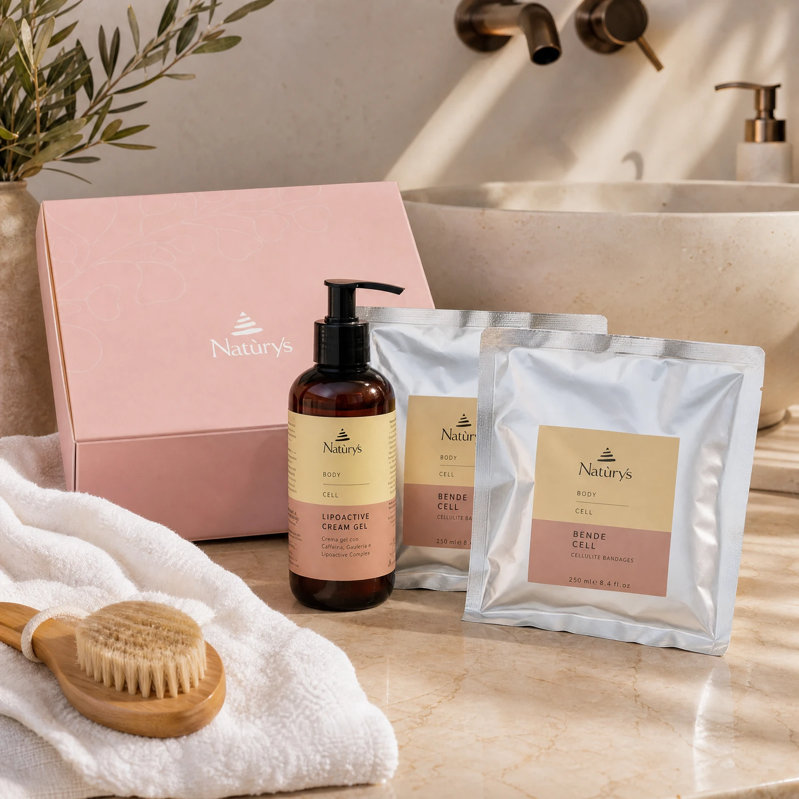 Naturys Body Box Cell anti-cellulite kit featuring pink box, amber pump bottle, and silver bandage sachets styled on a marble vanity with white towels and a dry body brush for Beauty Collective consumer retail.