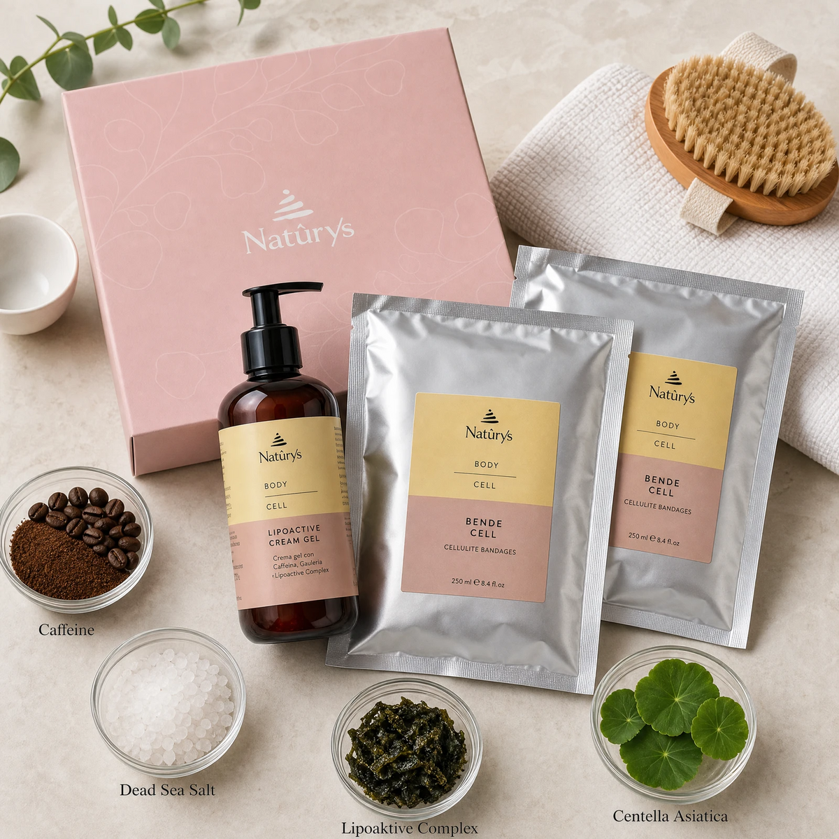 Naturys Body Box Cell ingredient flatlay with caffeine extract, Dead Sea salt, Lipoaktive complex, and Centella Asiatica in clean glass petri dishes.