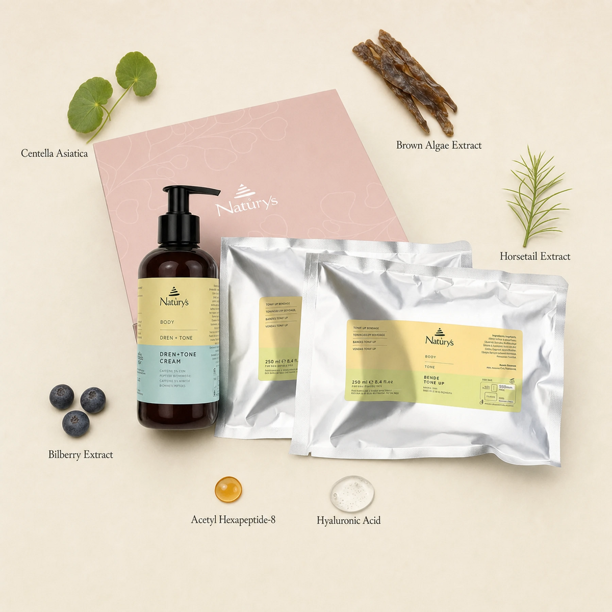 Naturys Body Box Tone Up Dren and Tone Cream and Tone Up Bandages ingredient flatlay on warm cream surface with labelled ingredients: Centella Asiatica, Brown Algae Extract, Horsetail Extract, Bilberry Extract, Acetyl Hexapeptide-8, and Hyaluronic Acid