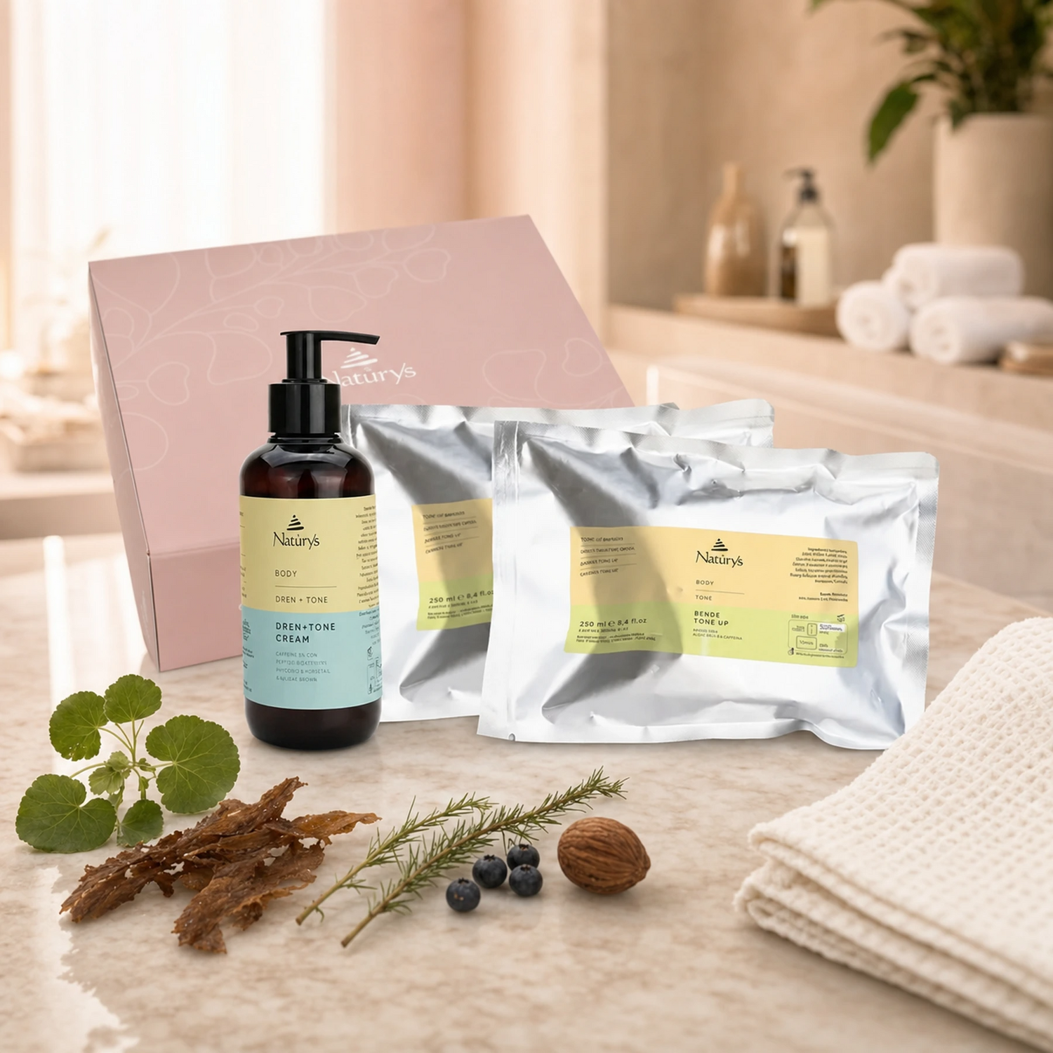 Naturys Body Box Tone Up set on a warm cream marble spa surface featuring the blush-pink Naturys gift box, Dren and Tone Cream amber pump bottle, and two silver Tone Up Bandage pouches, surrounded by centella asiatica leaves, brown algae, horsetail herb, bilberries, a shea nut, and a folded white waffle spa towel in a luxury spa treatment room