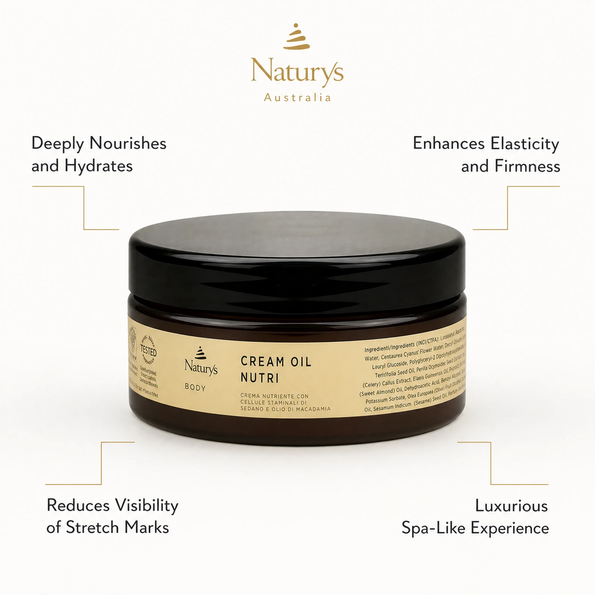 Naturys Body Cream Oil Nutri 250ml benefit callout image highlighting deep nourishment, skin firming, stretch mark reduction, and luxurious cream-to-oil texture.