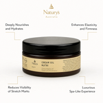 Naturys Body Cream Oil Nutri 250ml benefit callout image highlighting deep nourishment, skin firming, stretch mark reduction, and luxurious cream-to-oil texture.