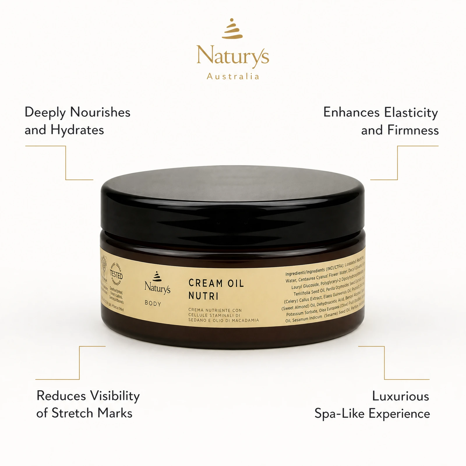 Naturys Body Cream Oil Nutri 250ml benefit callout image highlighting deep nourishment, skin firming, stretch mark reduction, and luxurious cream-to-oil texture.