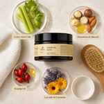 Naturys Body Cream Oil Nutri 250ml ingredient flatlay with celery stem cells, macadamia and sweet almond oils, rosehip oil, and lavender with calendula in clean glass petri dishes.