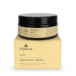 Naturys Body Cream Oil Nutri 250ml premium amber glass jar styled on a retail Box