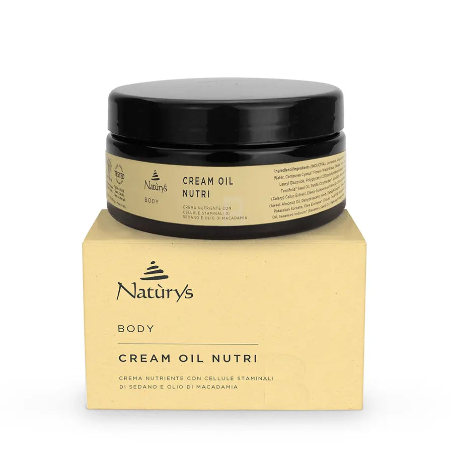 Naturys Body Cream Oil Nutri 250ml premium amber glass jar styled on a retail Box