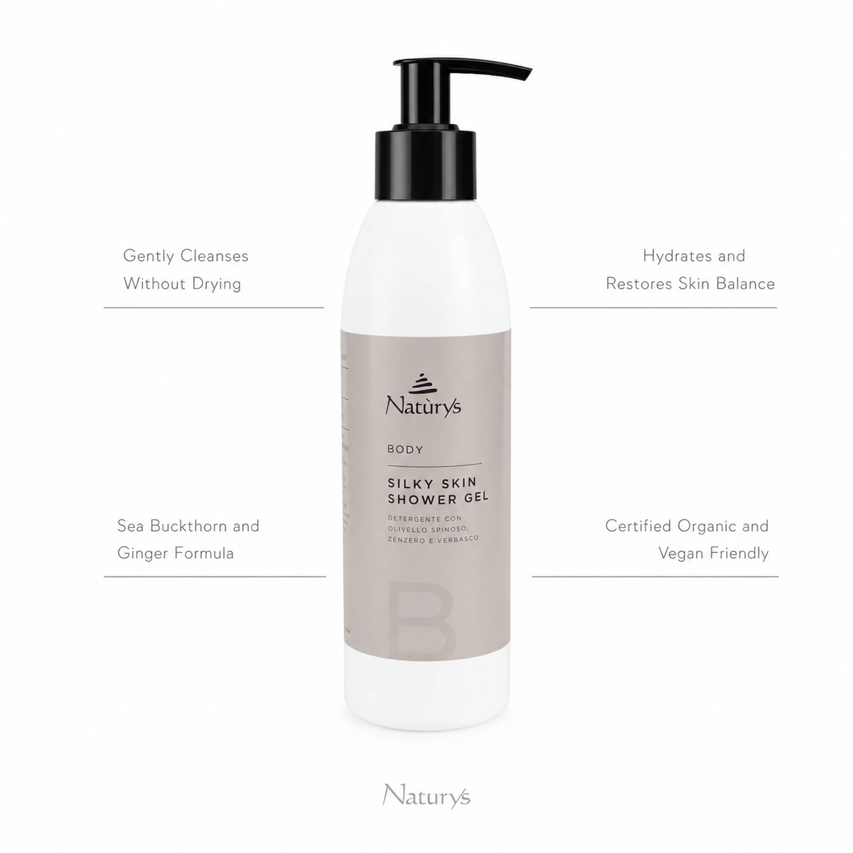 Naturys Body Silky Skin Shower Gel 250ml on white background with four benefit callouts: Gently Cleanses Without Drying, Hydrates and Restores Skin Balance, Sea Buckthorn and Ginger Formula, Certified Organic and Vegan Friendly
