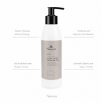 Naturys Body Silky Skin Shower Gel 250ml on white background with four benefit callouts: Gently Cleanses Without Drying, Hydrates and Restores Skin Balance, Sea Buckthorn and Ginger Formula, Certified Organic and Vegan Friendly