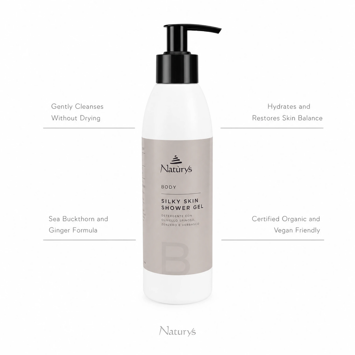 Naturys Body Silky Skin Shower Gel 250ml on white background with four benefit callouts: Gently Cleanses Without Drying, Hydrates and Restores Skin Balance, Sea Buckthorn and Ginger Formula, Certified Organic and Vegan Friendly