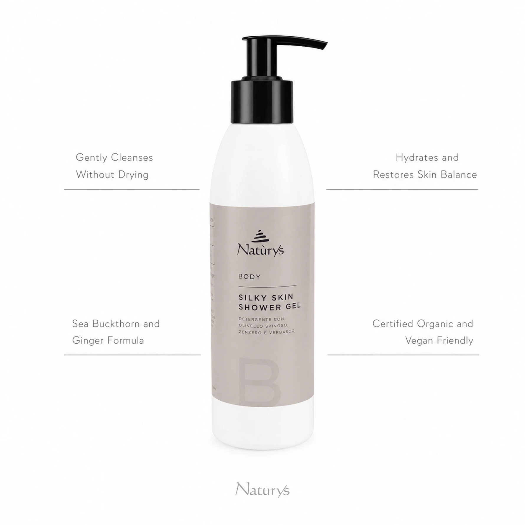 Naturys Body Silky Skin Shower Gel 250ml on white background with four benefit callouts: Gently Cleanses Without Drying, Hydrates and Restores Skin Balance, Sea Buckthorn and Ginger Formula, Certified Organic and Vegan Friendly
