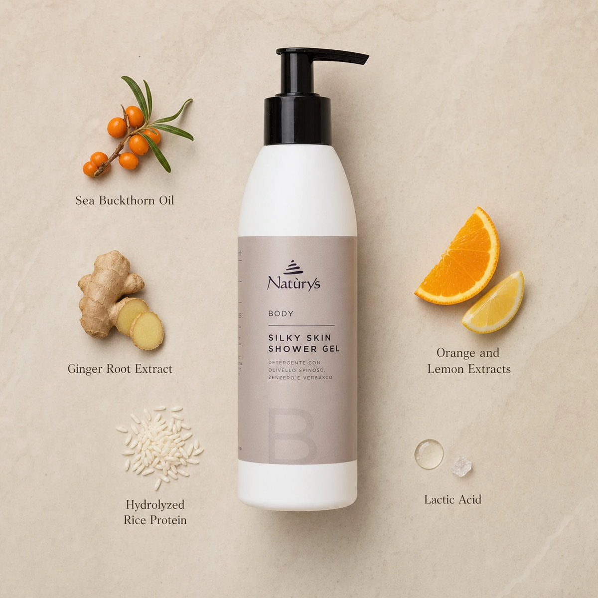 Naturys Body Silky Skin Shower Gel 250ml ingredient flatlay on warm cream stone surface with labelled botanicals: Sea Buckthorn Oil, Ginger Root Extract, Hydrolyzed Rice Protein, Orange and Lemon Extracts, and Lactic Acid