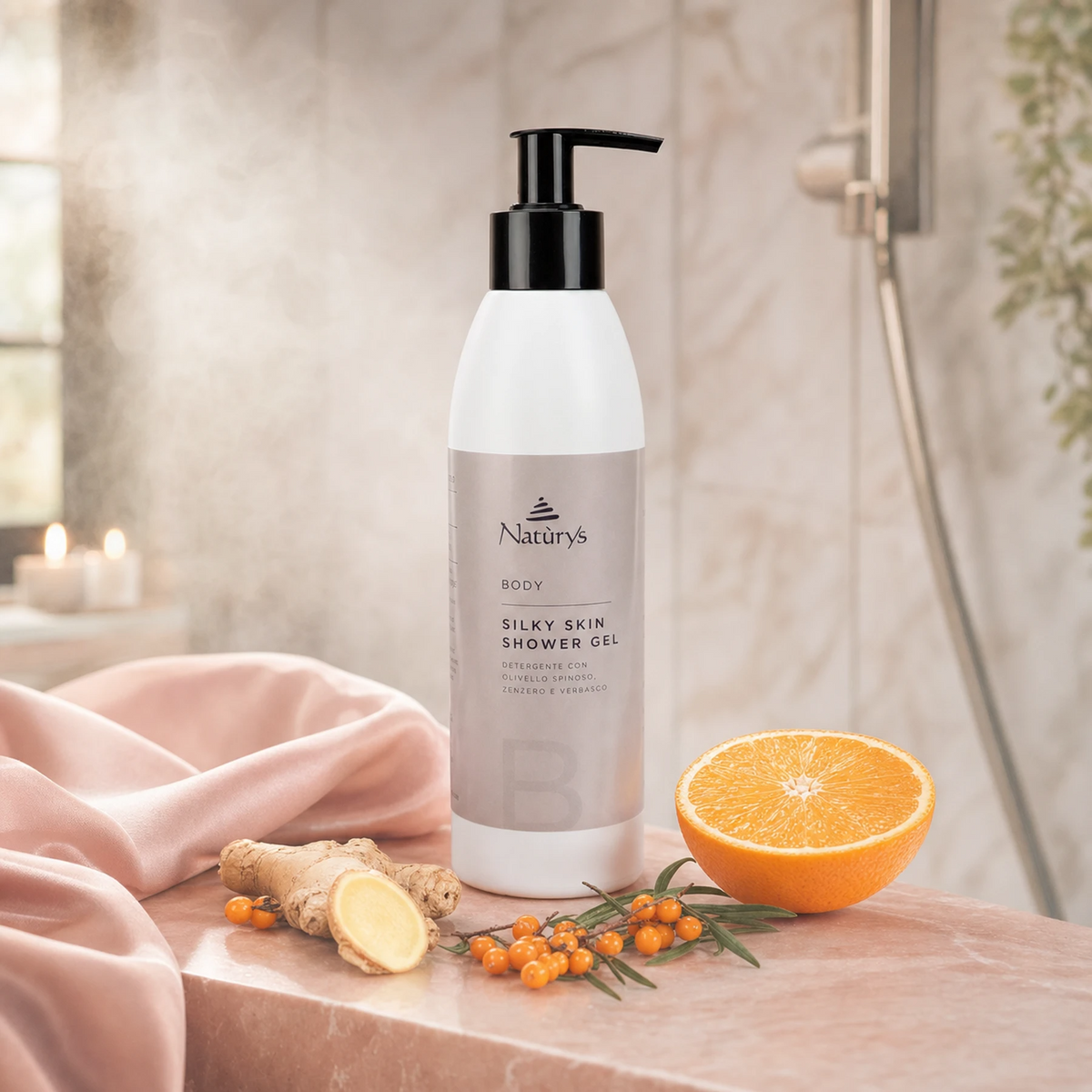 Naturys Body Silky Skin Shower Gel 250ml on a blush-pink marble spa ledge with sea buckthorn berries, fresh ginger root, orange half, and a draped pink silk cloth in a softly steamed luxury spa shower setting