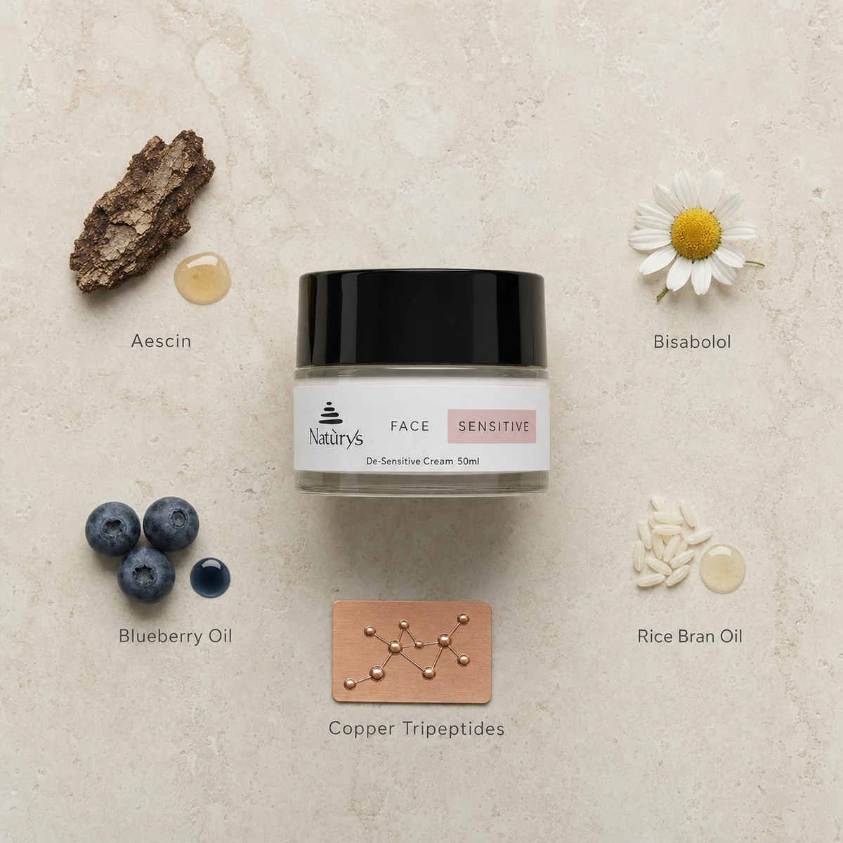 Naturys De-Sensitive Cream 50ml surrounded by labelled key ingredients including Aescin, Bisabolol, Blueberry Oil, Copper Tripeptides and Rice Bran Oil on a warm blush travertine stone surface