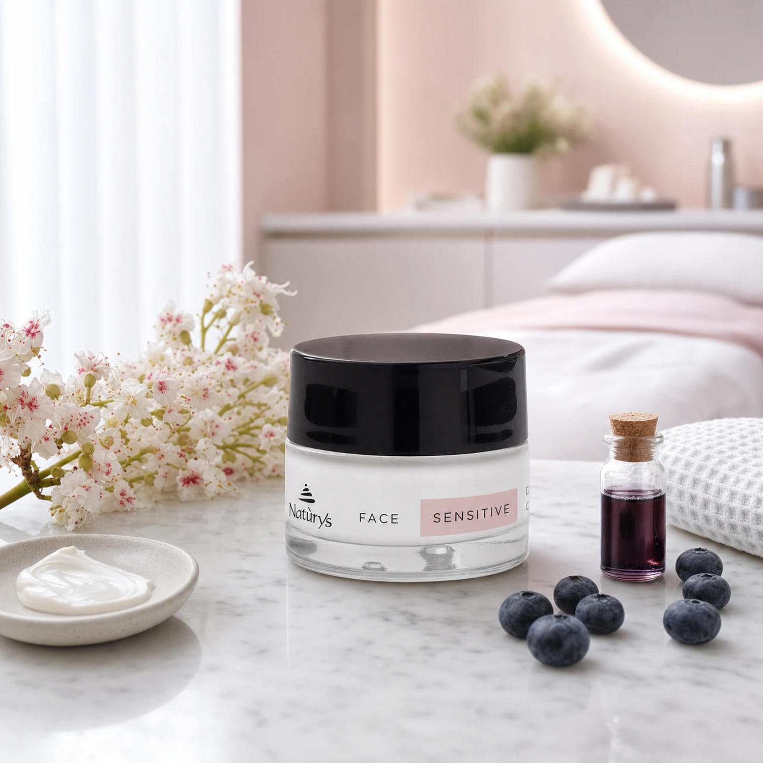 Naturys De-Sensitive Cream 50ml clear glass jar with black lid on a white Carrara marble vanity with ceramic cream dish, horse chestnut blossom, fresh blueberries, blueberry oil vial and white waffle linen cloth in a luxury blush-toned spa bathroom with soft natural window light