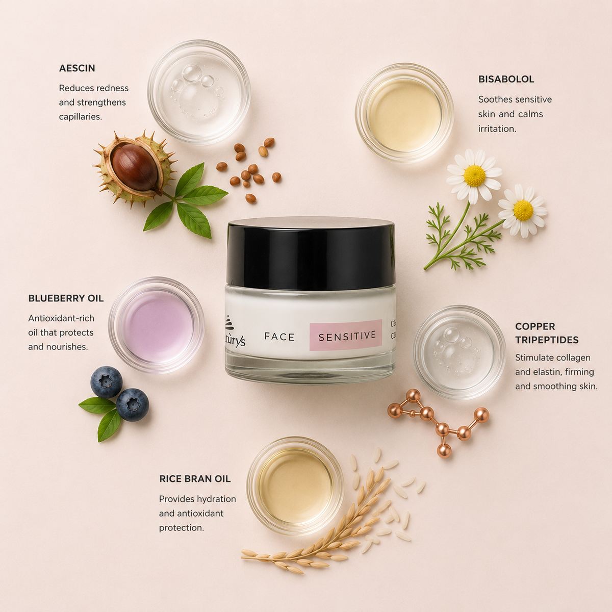 “Minimal NATURYS De-Sensitive Cream ingredient flatlay featuring aescin, bisabolol, blueberry oil, copper tripeptides, and rice bran oil arranged elegantly around the product with refined botanical spa styling on a soft neutral background