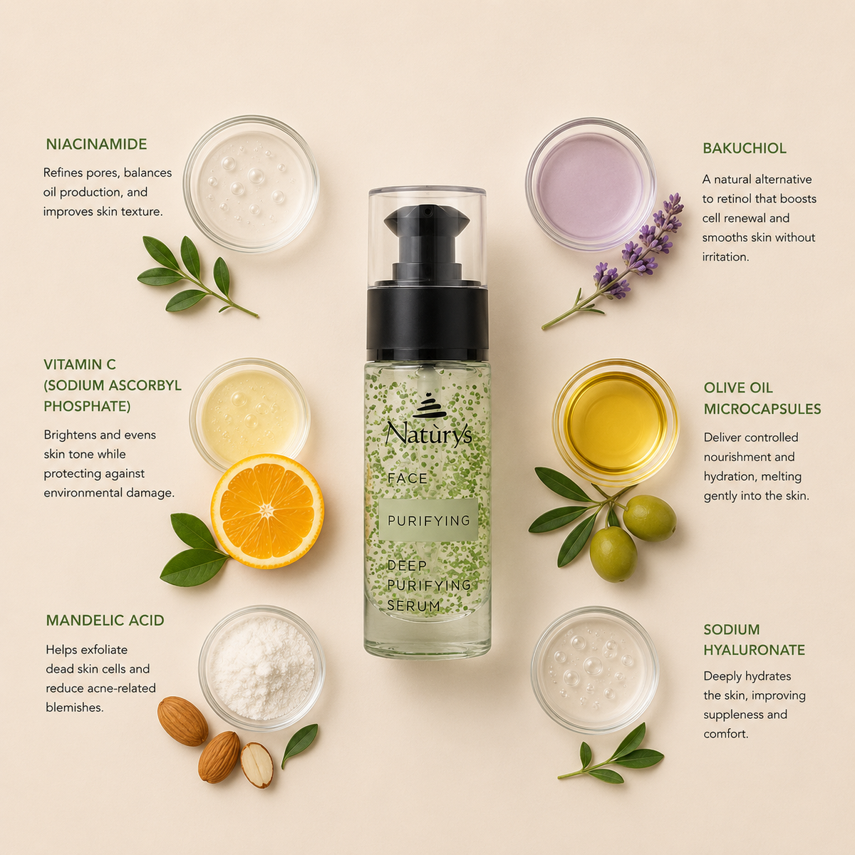Naturys Deep Purifying Serum ingredient flatlay featuring niacinamide, bakuchiol, vitamin C, olive oil microcapsules, mandelic acid and sodium hyaluronate arranged in a clean minimal botanical skincare composition with soft green accents and clinical luxury styling.