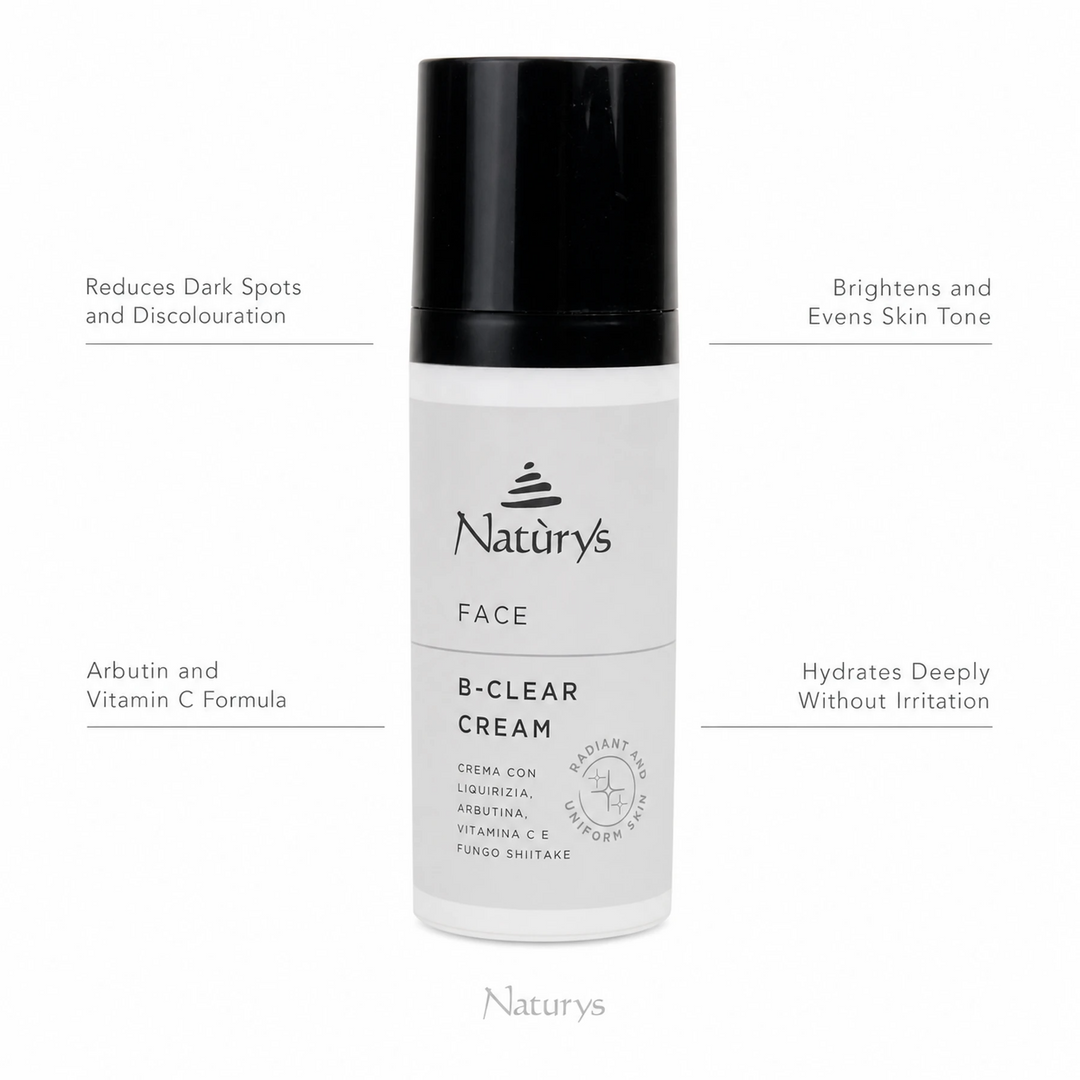 Naturys Face B-Clear Cream 50ml on white background with four benefit callouts: Reduces Dark Spots and Discolouration, Brightens and Evens Skin Tone, Arbutin and Vitamin C Formula, Hydrates Deeply Without Irritation