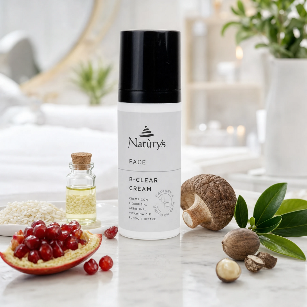 Naturys Face B-Clear Cream 50ml on a white marble spa vanity with dried shiitake mushroom, pomegranate quarter, rice grains, a vial of rice bran oil, and shea nut in a bright airy luxury spa treatment room