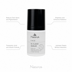 Naturys Face B-Clear Serum 30ml on white background with four benefit callouts: Reduces Dark Spots and Pigmentation, Brightens and Enhances Radiance, Tranexamic Acid and Arbutin Formula, Hydrates Deeply Without Heaviness